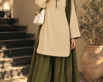 Cream Olive Indian Suit Set for Women, 3 Piece Salwar Kameez Set, Modern Indian Outfit, Modest Festive Wear, Wide Leg Palazzo Suit