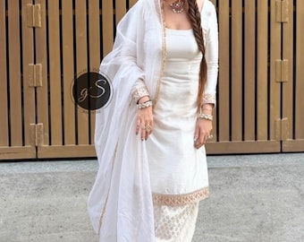 Handmade Off-White Punjabi Suit: Silk Patiala Salwar Kameez with Heavy Dupatta