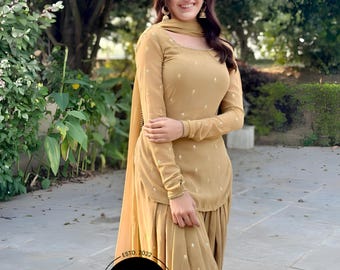 Handmade Golden Georgette Punjabi Suit: Custom Patiala Salwar Kameez