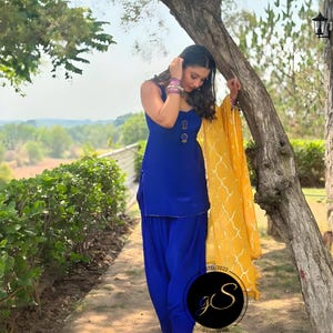 Handmade Blue Punjabi Suit: Yellow Sequin Dupatta, Custom Patiala Salwar Kameez