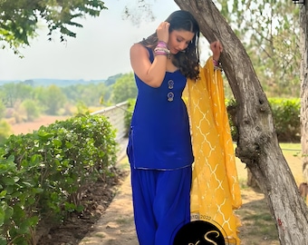Traje punjabi azul hecho a mano: dupatta de lentejuelas amarillas, patiala salwar kameez personalizado