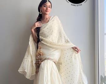 Traje Sharara de seda blanca hecho a mano con hermosos ribetes multicolores en la espalda: traje Salwar Kameez punjabi, atuendo punjabi para mujeres y niñas de EE. UU.