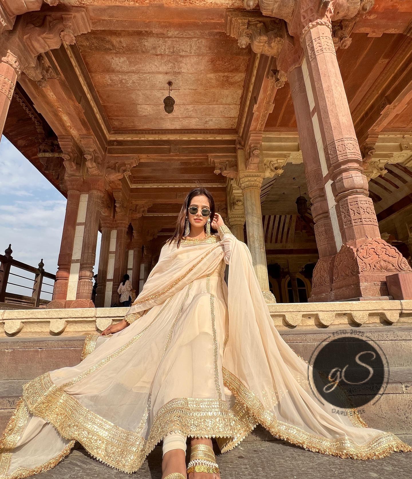 Handmade White & Golden Lace Anarkali Gown: Indian Wedding Suit