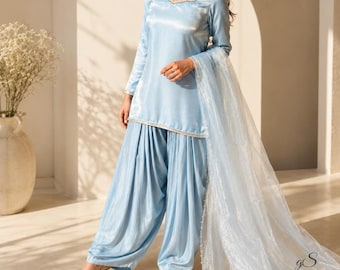 Ice Blue Silk Farsi Salwar Suit for Women, Handmade Pakistani Style Salwar Kameez, Custom Wedding & Eid Outfit
