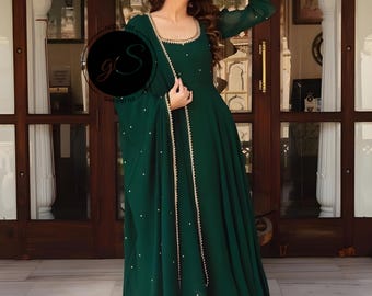Hand Embroidered Bottle Green Georgette Anarkali Gown: Indian Wedding Suit for Women Hand Embroidered Bottle Green Georgette Anarkali Gown: Indian Wedding Suit for Women