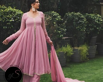 Handmade designer Heavy Anarkali Gown Party Wear Pink golden mirror lace work with dupatta Wedding Suit for Woman&#39;s Custom Stitched for girl
