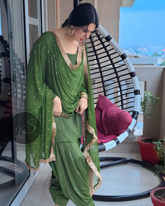 Handmade Green Punjabi Suit: Silk Patiala Salwar Kameez with Dupatta Handmade Green Punjabi Suit: Silk Patiala Salwar Kameez with Dupatta