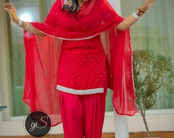 Handmade Red Punjabi Suit: Crepe Silk Patiala Salwar Kameez, Custom Fit