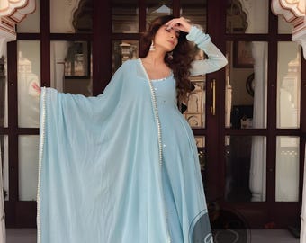 anarkali dress sky blue Elegant Sky Blue Anarkali Suit with Exquisite Embroidery Rudraa Creatives
