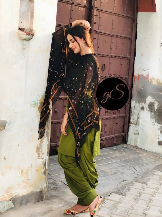 Handmade Olive Green Punjabi Suit: Crepe Salwar Kameez with Black Dupatta Handmade Olive Green Punjabi Suit: Crepe Salwar Kameez with Black Dupatta