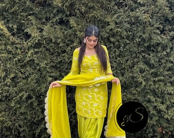 Lime green Handmade Designer Punjabi Patiala Suit Dupatta heavy georgette Salwar Kameez Suit- Custom-Made Suit for Women and Girls wear