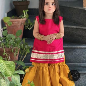 Pink & Mustard Raw Silk Custom stitched Sharara Set for Girls | Handmade Indian Outfit | Comfortable Ethnic Kids wear | GarliStyle Exclusive