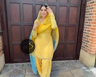 Handmade Designer Lemon yellow Punjabi Patiala Suit Dupatta Punjabi Patiala Salwar Kameez Suit- Custom-Made Suit for Women and Girls wear