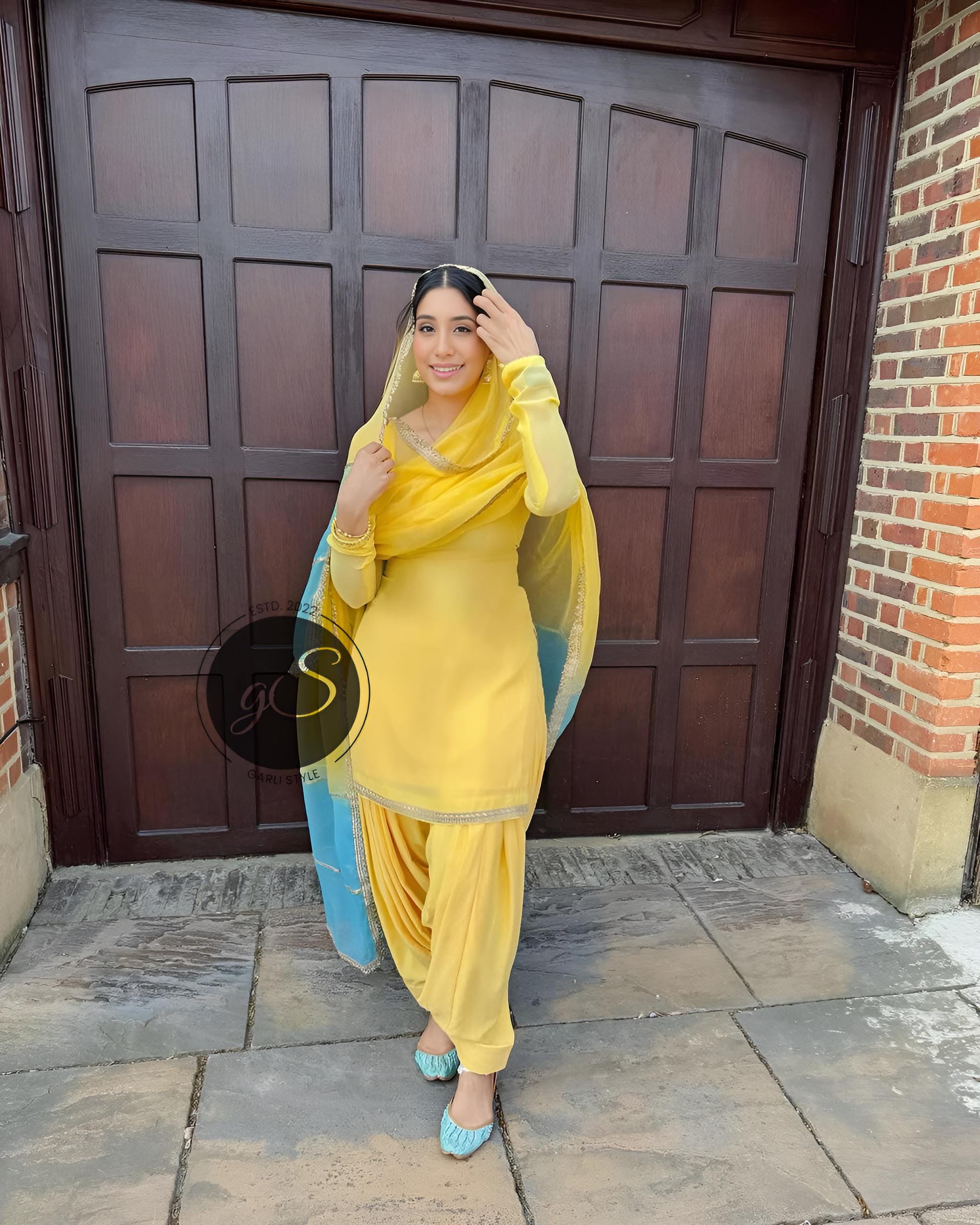 パンジャビ スーツ 3点　アナルカリ　イエロー/ブルー パンジャビ スーツ 3点 アナルカリ イエロー⁄ブルー