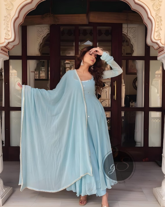 Sky Blue Georgette Anarkali Gown with Mirror Work - Party Wedding Dress Sky Blue Georgette Anarkali Gown with Mirror Work - Party Wedding Dress