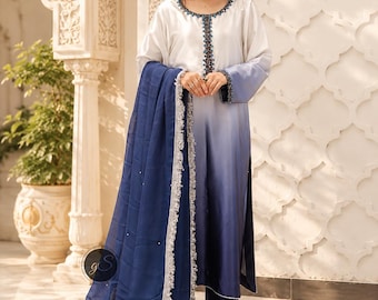 Handmade Ombre Satin Punjabi Suit for Women | Blue White Suit | Indian Wedding Outfit | Eid Dress | Custom Made