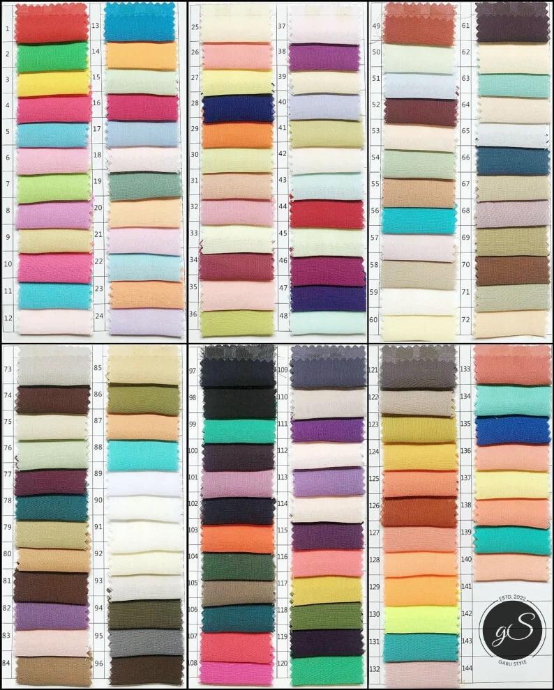 May include: A color swatch chart featuring 144 fabric samples in a variety of colors. The samples are arranged in a grid, with each swatch labeled with a number. The colors range from vibrant to muted tones, including blues, greens, pinks, and oranges.