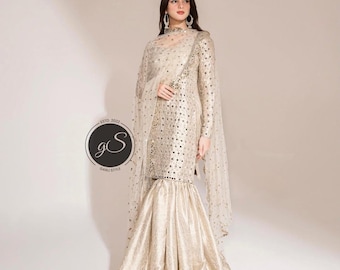Handmade White & Golden Sharara Suit: Pakistani Wedding Outfit