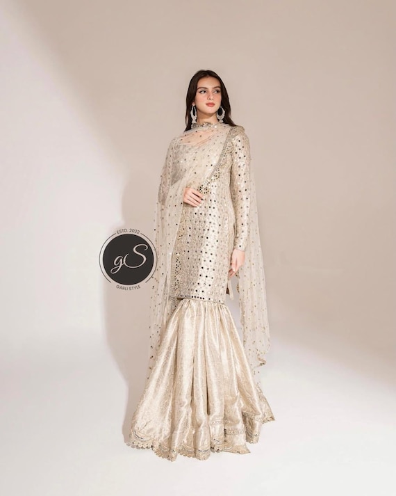 Handmade White & Golden Sharara Suit: Pakistani Wedding Outfit