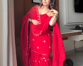 Custom Georgette Sharara Kameez: Indian Pakistani Wedding Party Wear