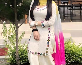 Completo Punjabi bianco da donna, Patiala Salwar Kameez con ricami a specchio, abito indiano su misura per matrimoni e feste.