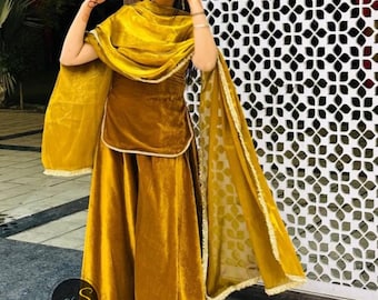 Mustard Gold Velvet Sharara Suit: Indian Wedding Outfit with Chiffon Dupatta