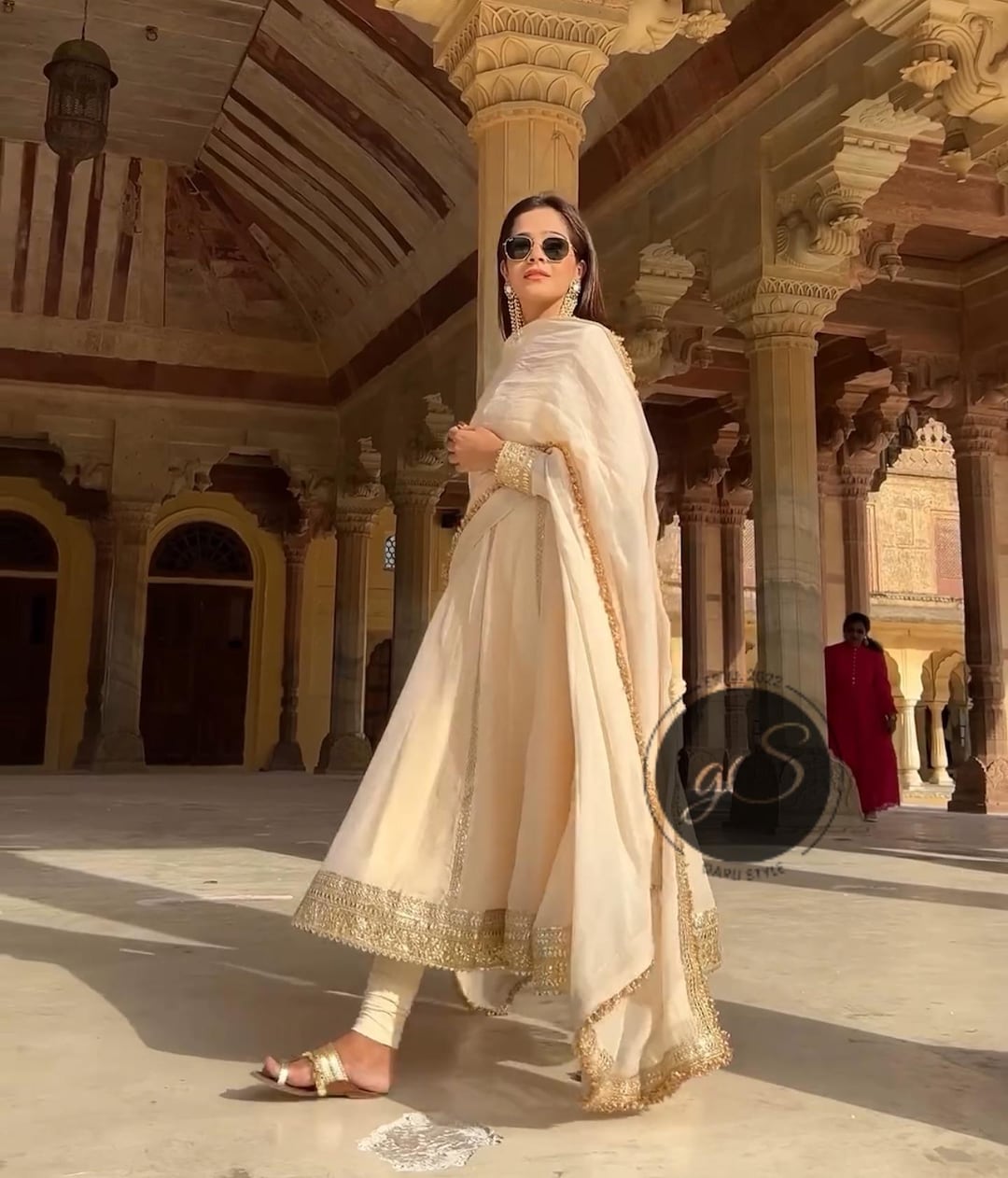 golden color anarkali dress Golden Anarkali Suit Set In Tissue Silk – Suti Rang