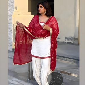 Handmade Red & White Punjabi Suit: Patiala Salwar Kameez, Custom Silk Dupatta