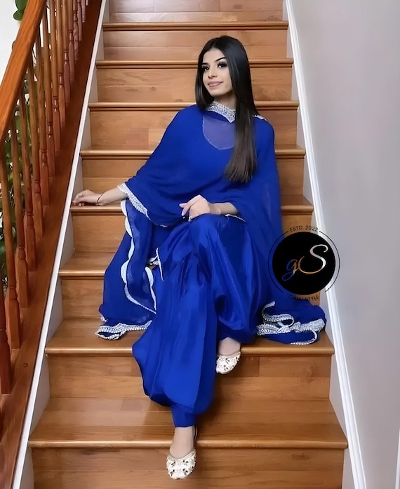 blue punjabi dress Navy Blue Punjabi Patiala Salwar Suit, Muslin Punjabi Suit with Turquo