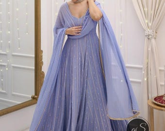 Lavender Embroidered Anarkali Dress: Georgette Indian Wedding Outfit