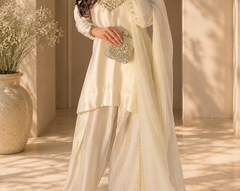 Ivory Silk Farshi Shalwar Kameez | Pakistani Suit for Women | Custom Wedding & Eid Outfit