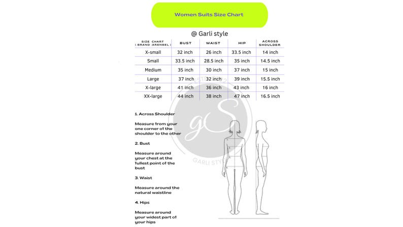 Peut inclure: Un tableau des tailles pour costumes de femmes avec des mesures en pouces pour le buste, la taille, les hanches et l'&eacute;paule. Le tableau comprend les tailles du XS au XXL. Le tableau est intitul&eacute; "@Garli style".