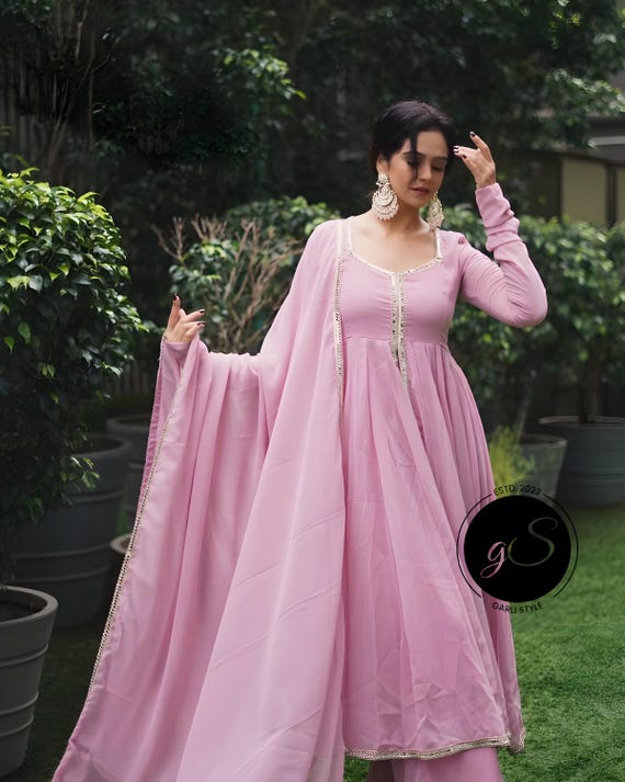 chinese dress ladies Jhoom Organza Satin Anarkali Light Pink Kurta with Lehenga Set