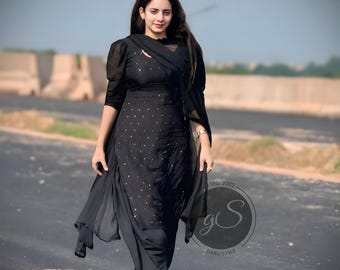 Handmade Black Georgette Punjabi Suit: Custom Patiala Salwar Kameez