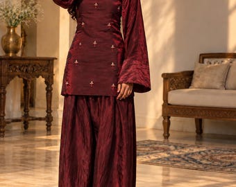 Burgundy Farshi Salwar Suit, 3 Piece Maroon Pakistani Suit with Dupatta, Fandy Silk Wedding Guest Outfit