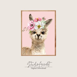 Alpaca met bloemkroon kunst aan de muur | Schattige Lama Foto | Digitale afdrukbare kunst | Roze kunstprint | Kinderkamerdecoratie | Directe download