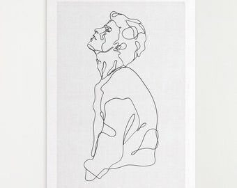 Minimalist Male Figure Line Art Print | Black & White Grey Decor