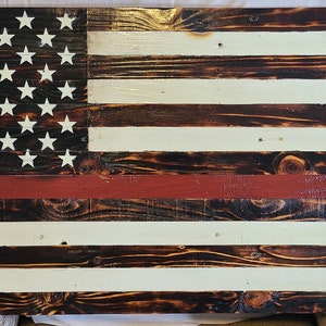 Thin Red Line Wooden Flag, Firefighter Flag, Thin Red Line, Firefighter, Charred, Burnt, Wooden Flag, United States Flag, US Flag, Red Line