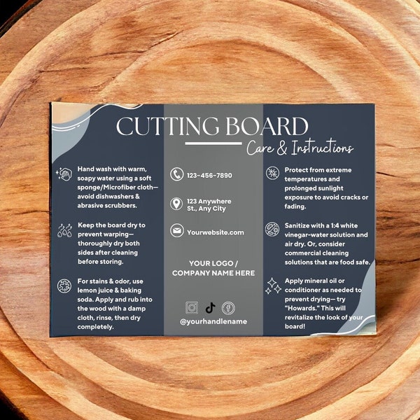Editable Cutting Board Care Instructions Card for Cleaning Butcher Block Maintenance Card for Chopping Block Downloadable PDF for Business