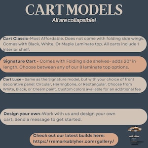 May include: Informative graphic detailing various cart models. The text highlights features like folding side shelves, laminate top options, and decorative panel choices. The carts are collapsible and customizable. Includes a website address.