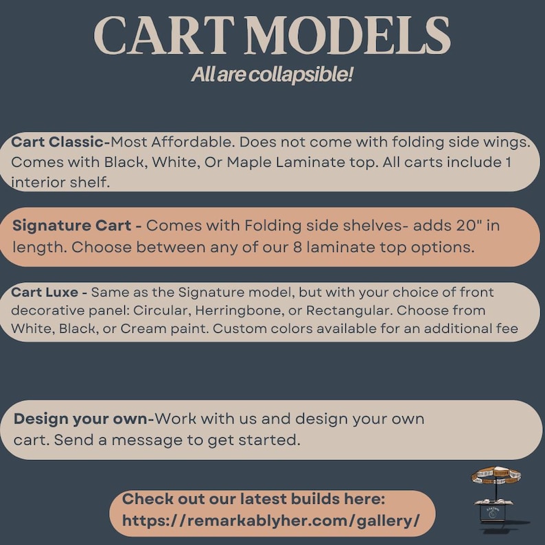 May include: Informative graphic detailing various cart models. The text highlights features like folding side shelves, laminate top options, and decorative panel choices. The carts are collapsible and customizable. Includes a website address.