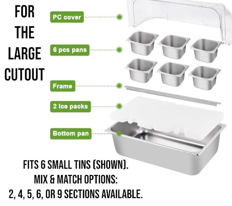 May include: A stainless steel food service container with a clear PC cover, six small pans, and two ice packs. The text reads "FOR THE LARGE CUTOUT" and "FITS 6 SMALL TINS (SHOWN). MIX & MATCH OPTIONS: 2, 4, 5, 6, OR 9 SECTIONS AVAILABLE."