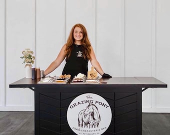 Black Collapsible Mobile Charcuterie Cart on Wheels for Vending Snacks and Drinks