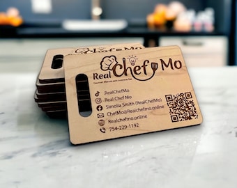 Personalized Wooden Business Cards with Custom Engraving Charcuterie Business Cards Logo QR Code Catering Business Card Cutting Board Design
