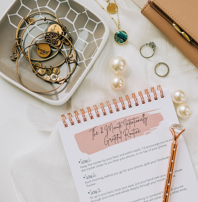 Intentionally Grateful notebook opened to the page the 2 minute intentionally grateful routine. Steps towards a gratitude practice are laid out.