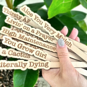 May include: A set of ten wooden plant markers with humorous sayings, including "Aloe You Very Much", "Thirsty AF", "Livin' on a Prayer", "High Maintenance", "Leave me Alone", "You Grow Girl", "Not a Cactus", and "Literally Dying".