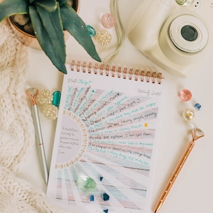 Puede incluir: Un cuaderno blanco de espiral con un fondo colorido y texto escrito a mano. El texto incluye una lista de cosas por las que el escritor est&aacute; agradecido, como "&iexcl;mi cama c&oacute;moda!" y "la risa de mi hijo". El cuaderno est&aacute; rodeado de una manta de punto blanco, una planta suculenta en maceta, una c&aacute;mara instant&aacute;nea rosa y blanca y gemas de vidrio de colores.