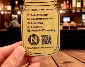 Custom Wooden Mason Jar Shape Magnetic Business Cards Personalized Engraving with Logo QR Code Bar Catering Charcuterie Restaurant Branding