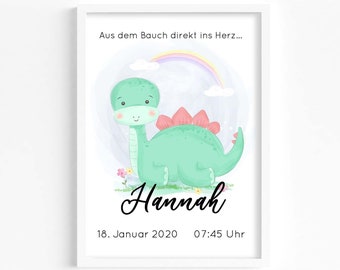 Kinderzimmer Babyzimmer Bild personalisiert Dino; Geschenk Baby Geburt Taufe; Wandbild, Poster, individuelles Namensbild, Geburtsdaten