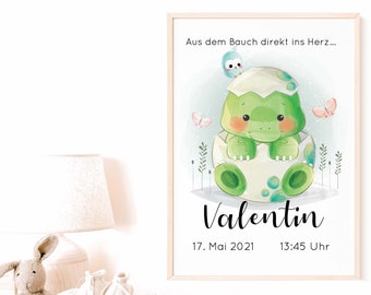 Kinderzimmer Babyzimmer Bild personalisiert Dino im Ei; Geschenk Baby Geburt Taufe; Wandbild, Poster, individuelles Namensbild, Geburtsdaten